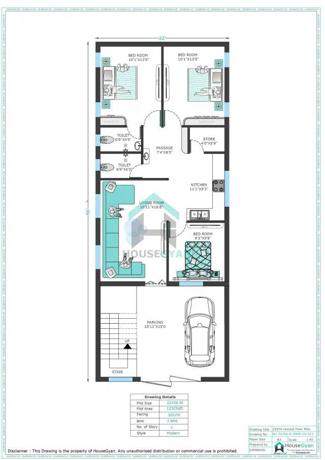 22X56 South Facing 3BHK Ground Floor House Plan | 1232 Sqft Plot Floor Plan 22X56 South Facing 3BHK Ground Floor House Plan | 1232 Sqft Plot Floor Plan
