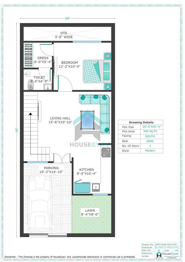 20X45 South Facing 1BHK Ground Floor House Plan | 900 Sqft Plot Floor Plan 20X45 South Facing 1BHK Ground Floor House Plan