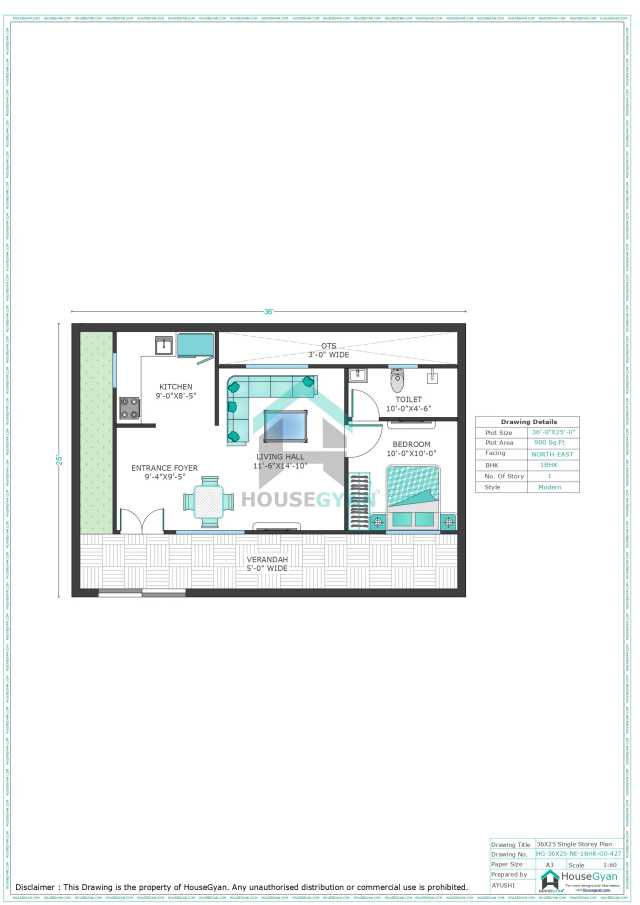 36X25 North East Facing 1BHK Ground Floor House Plan | 900 Sqft Plot Floor Plan 36X25 North East Facing 1BHK Ground Floor House Plan