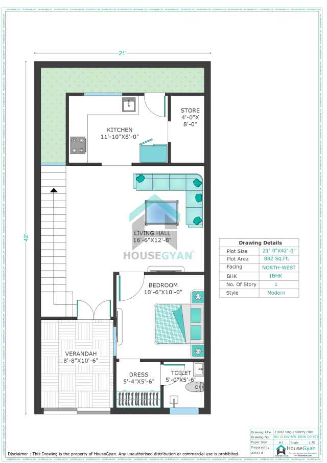 21X42 North West Facing 1BHK Ground Floor House Plan | 882 Sqft Plot Floor Plan 21X42 North West Facing 1BHK Ground Floor House Plan | 882 Sqft Plot Floor Plan