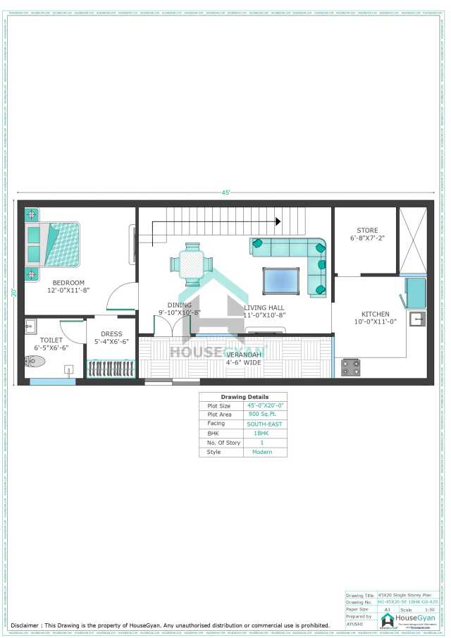 45X20 South East Facing 1BHK Ground Floor House Plan | 900 Sqft Plot Floor Plan 45X20 South East Facing 1BHK Ground Floor House Plan