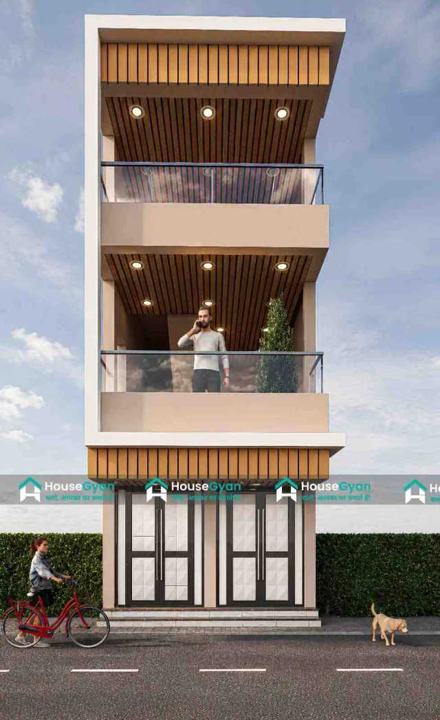 14x50 G+2 Modern Compact Front House Elevation with Double Balconies 14x50 G+2 Modern Compact Front House Elevation with Double Balconies