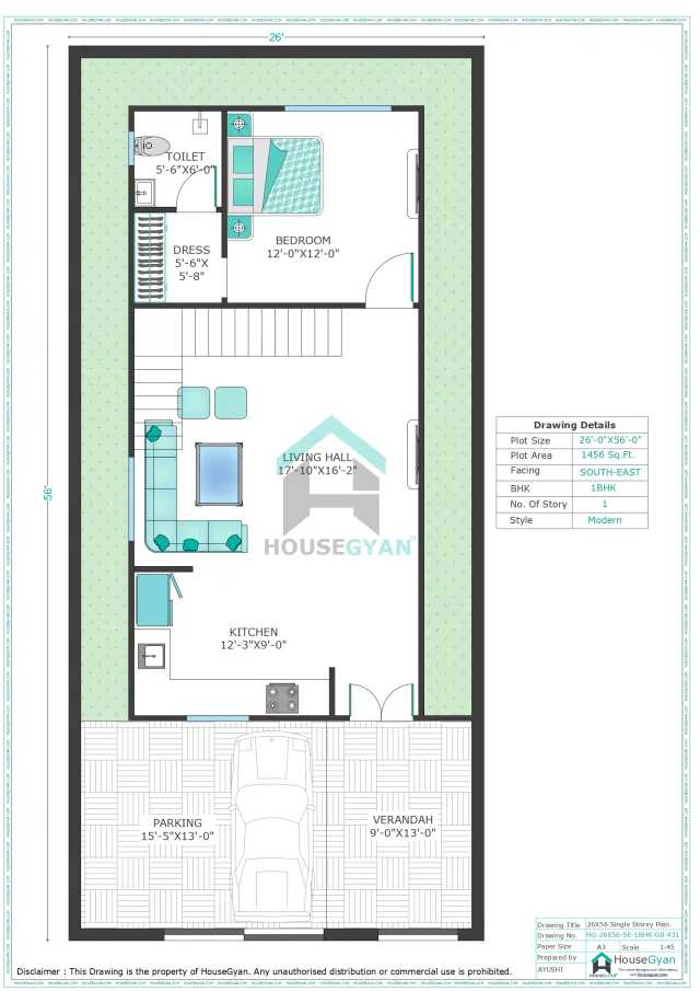 26X56 South East Facing 1BHK Ground Floor House Plan | 1456 Sqft Plot Floor Plan 26X56 South East Facing 1BHK Ground Floor House Plan