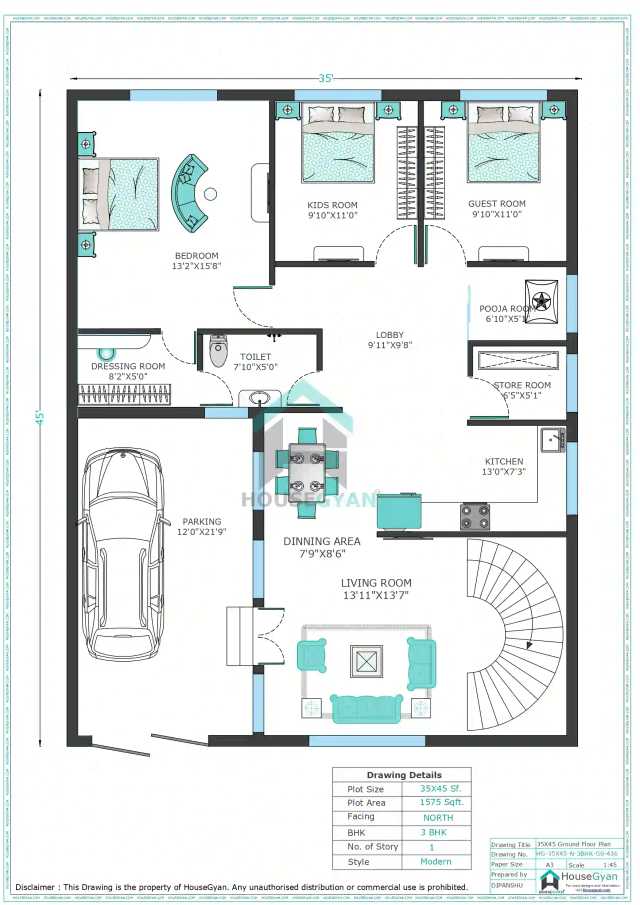 35X45 North Facing 3BHK Ground Floor House Plan | 1575 Sqft Plot Floor Plan 35X45 North Facing 3BHK Ground Floor House Plan