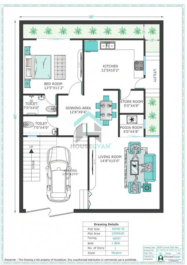 30X40 West Facing 1BHK Ground Floor House Plan | 1200 Sqft Plot Floor Plan 30X40 West Facing 1BHK Ground Floor House Plan