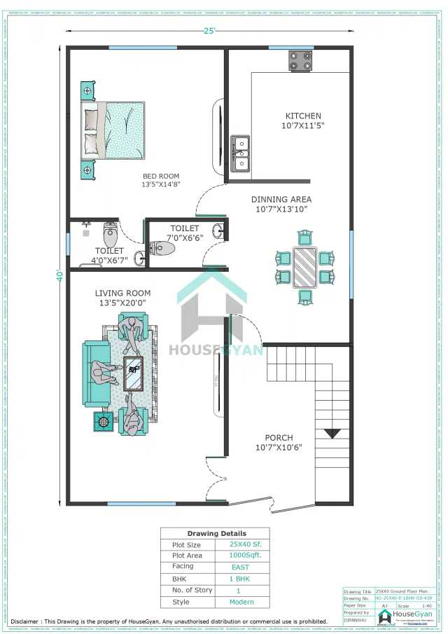 25X40 East Facing 1BHK Ground Floor House Plan | 1000 Sqft Plot Floor Plan 25X40 East Facing 1BHK Ground Floor House Plan | 1000 Sqft Plot Floor Plan