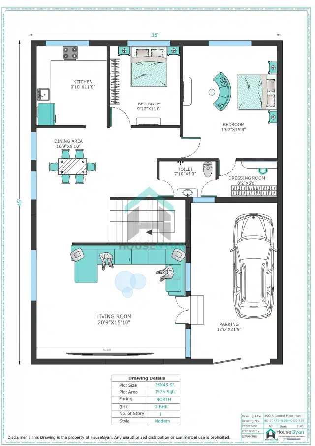 35X45 North Facing 2BHK Ground Floor House Plan | 1575 Sqft Plot Floor Plan 35X45 North Facing 2BHK Ground Floor House Plan | 1575 Sqft Plot Floor Plan
