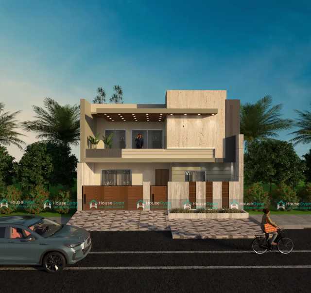 35x35 1225 Sqft Modern House Elevation with Stone Cladding 35x35 1225 Sqft Modern House Elevation with Stone Cladding