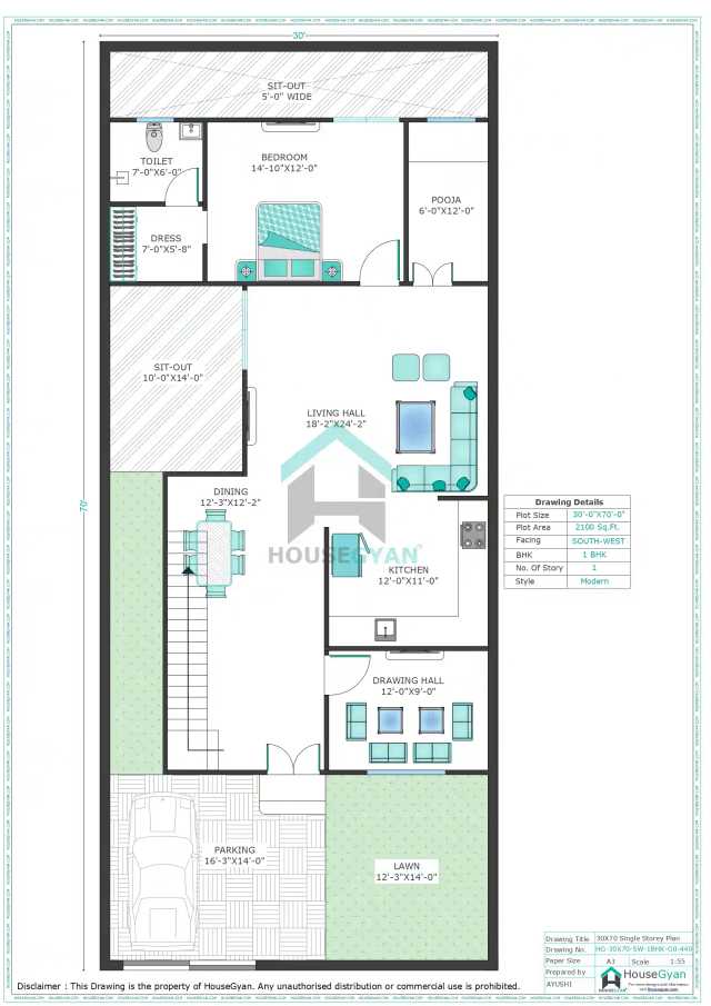 30X70 South West Facing 1BHK Ground Floor House Plan | 2100 Sqft Plot Floor Plan 30X70 South West Facing 1BHK Ground Floor House Plan