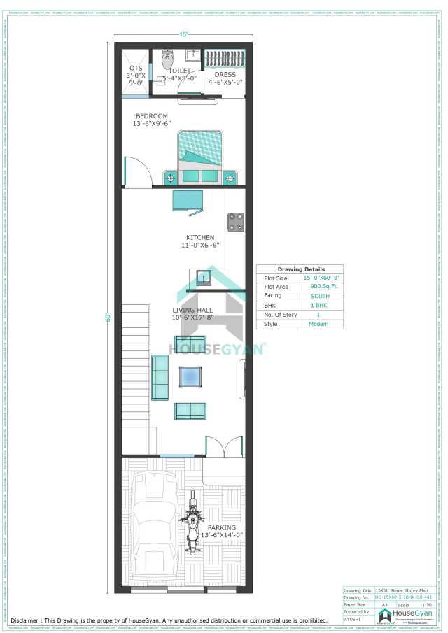 15X60 South Facing 1BHK Ground Floor House Plan | 900 Sqft Plot Floor Plan 15X60 South Facing 1BHK Ground Floor House Plan | 900 Sqft Plot Floor Plan