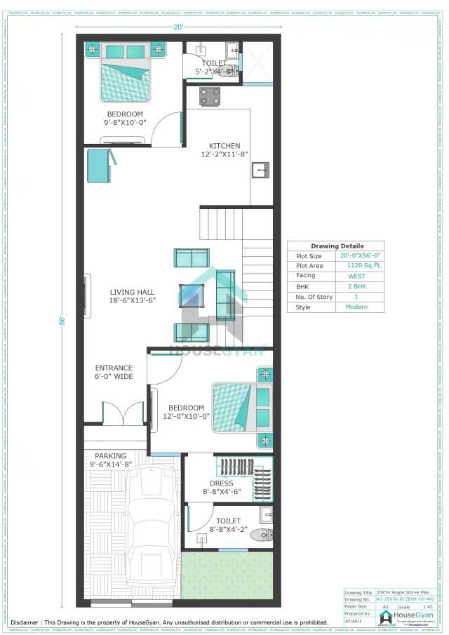 20X56 West Facing 2BHK Ground Floor House Plan | 1120 Sqft Plot Floor Plan 20X56 West Facing 2BHK Ground Floor House Plan