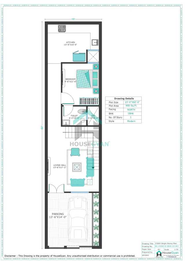 15X60 North Facing 1BHK Ground Floor House Plan | 900 Sqft Plot Floor Plan 15X60 North Facing 1BHK Ground Floor House Plan | 900 Sqft Plot Floor Plan