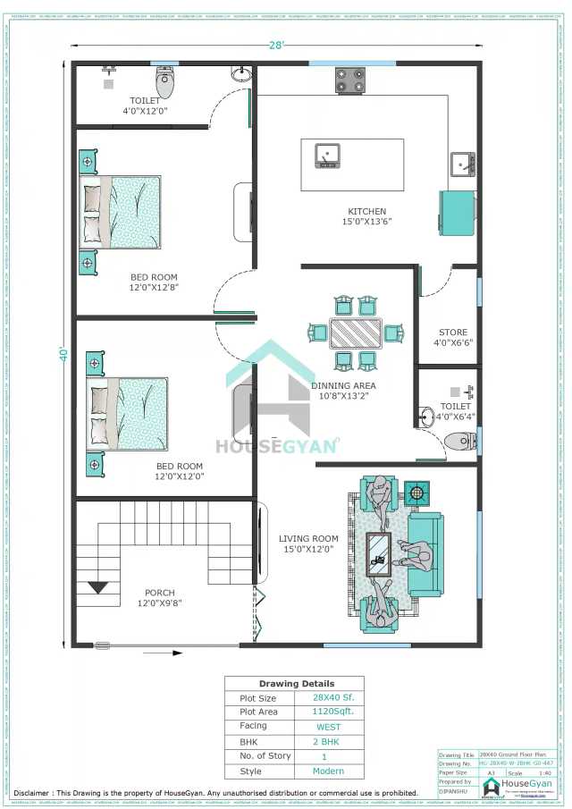 28X40 West Facing 2BHK Ground Floor House Plan | 1120 Sqft Plot Floor Plan 28X40 West Facing 2BHK Ground Floor House Plan | 1120 Sqft Plot Floor Plan