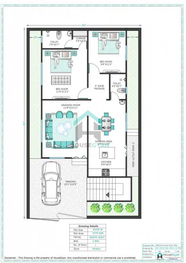 30X50 North West Facing 2BHK Ground Floor House Plan | 1500 Sqft Plot Floor Plan 30X50 North West Facing 2BHK Ground Floor House Plan | 1500 Sqft Plot Floor Plan