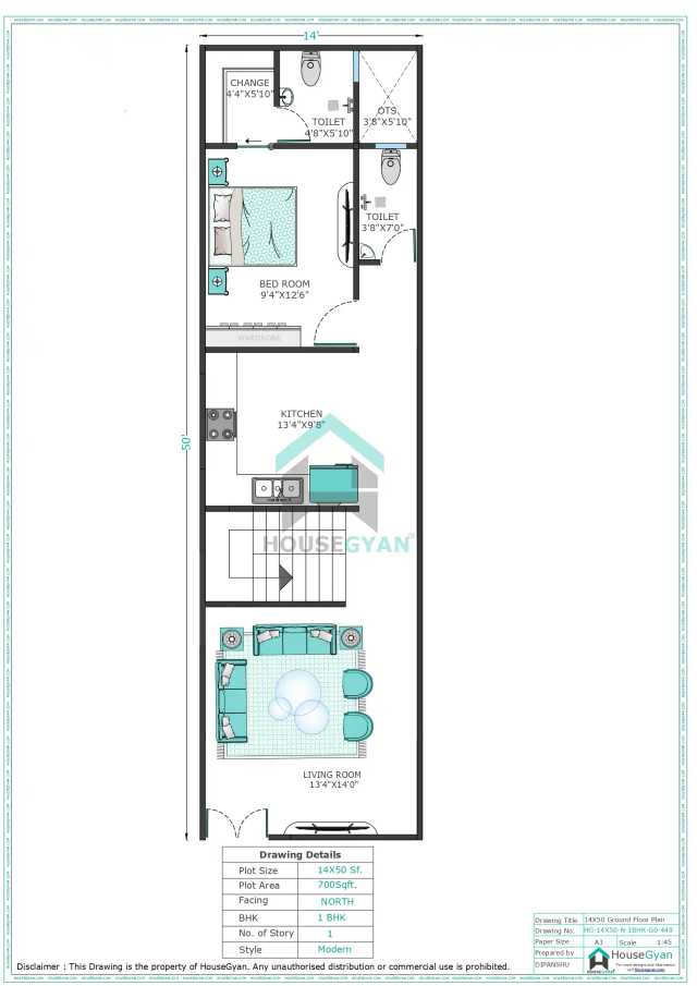 14X50 North Facing 1BHK Ground Floor House Plan | 700 Sqft Plot Floor Plan 14X50 North Facing 1BHK Ground Floor House Plan | 700 Sqft Plot Floor Plan