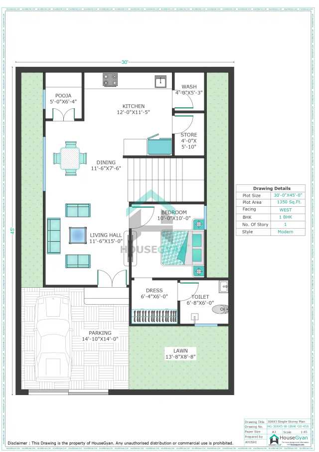 30X45 West Facing 1BHK Ground Floor House Plan | 1350 Sqft Plot Floor Plan 30X45 West Facing 1BHK Ground Floor House Plan