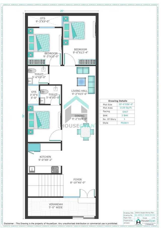 20X56 East Facing 3BHK Ground Floor House Plan | 1120 Sqft Plot Floor Plan 20X56 East Facing 3BHK Ground Floor House Plan