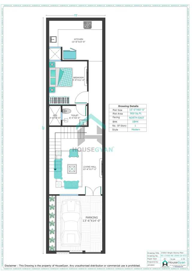 15X60 North East Facing 1BHK Ground Floor House Plan | 900 Sqft Plot Floor Plan 15X60 North East Facing 1BHK Ground Floor House Plan