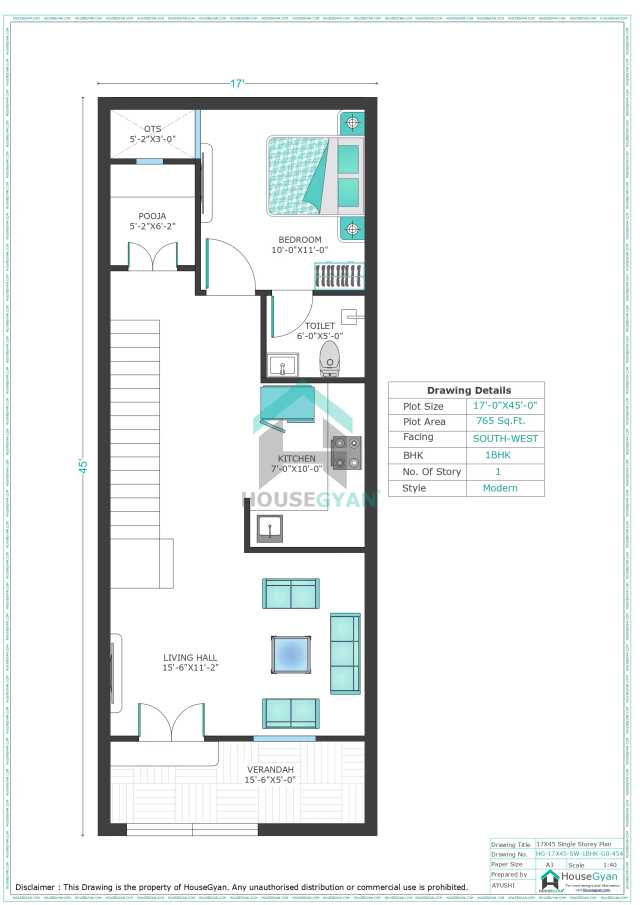 17X45 South West Facing 1BHK Ground Floor House Plan | 765 Sqft Plot Floor Plan 17X45 South West Facing 1BHK Ground Floor House Plan | 765 Sqft Plot Floor Plan