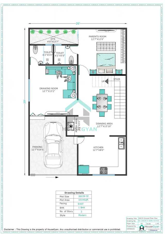 26X39 East Facing 1BHK Ground Floor House Plan | 1014 Sqft Plot Floor Plan 26X39 East Facing 1BHK Ground Floor House Plan | 1014 Sqft Plot Floor Plan