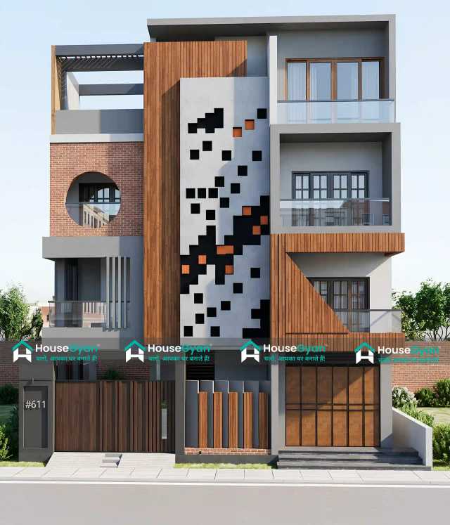 42x50 Contemporary Multi-Storey Elevation with Artistic Feature Wall 42x50 Contemporary Multi-Storey Elevation with Artistic Feature Wall