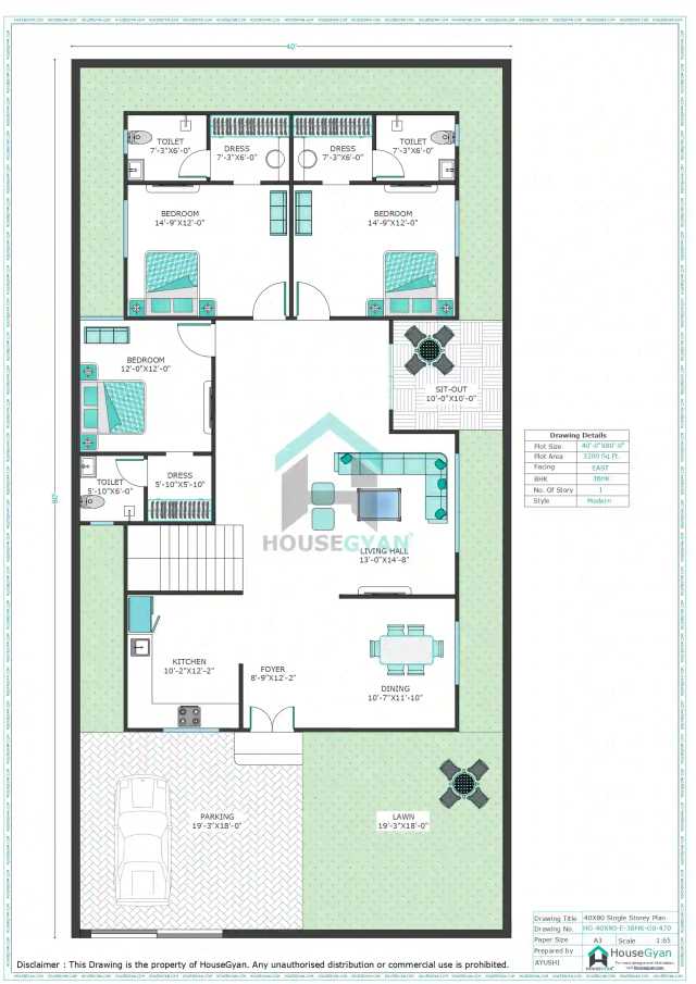 40X80 East Facing 3BHK Ground Floor House Plan | 3200 Sqft Plot Floor Plan 40X80 East Facing 3BHK Ground Floor House Plan