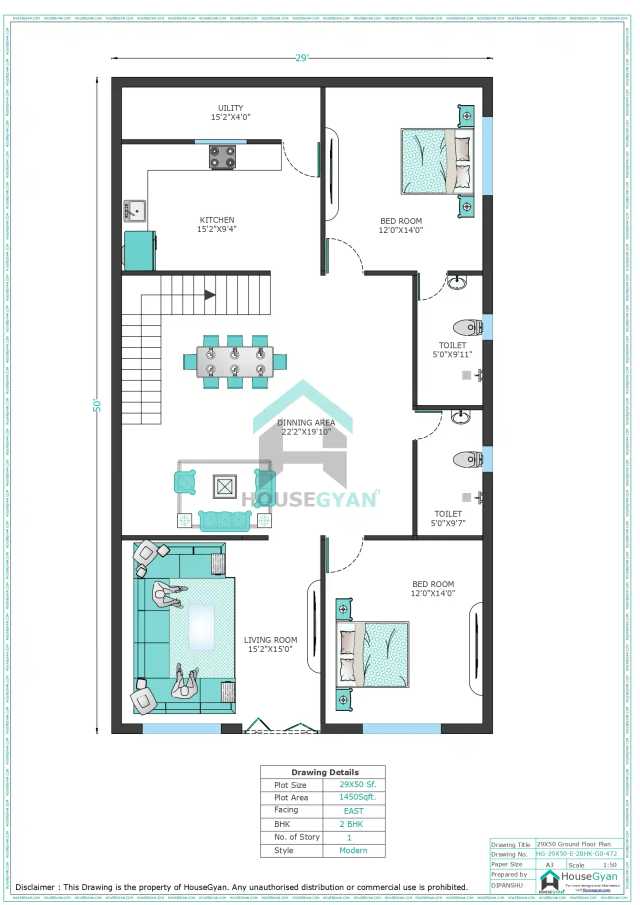 29X50 East Facing 2BHK Ground Floor House Plan | 1450 Sqft Plot Floor Plan 29X50 East Facing 2BHK Ground Floor House Plan
