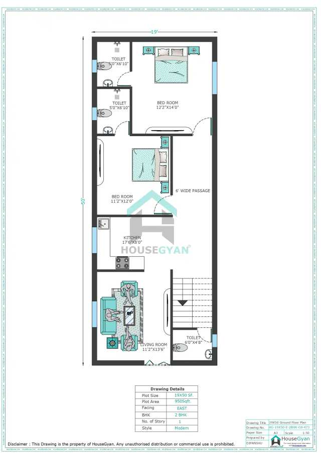 19X50 East Facing 2BHK Ground Floor House Plan | 950 Sqft Plot Floor Plan 19X50 East Facing 2BHK Ground Floor House Plan