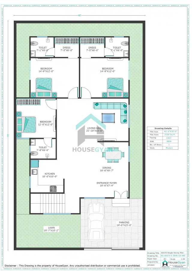 40X70 East Facing 3BHK Ground Floor House Plan | 2800 Sqft Plot Floor Plan 40X70 East Facing 3BHK Ground Floor House Plan