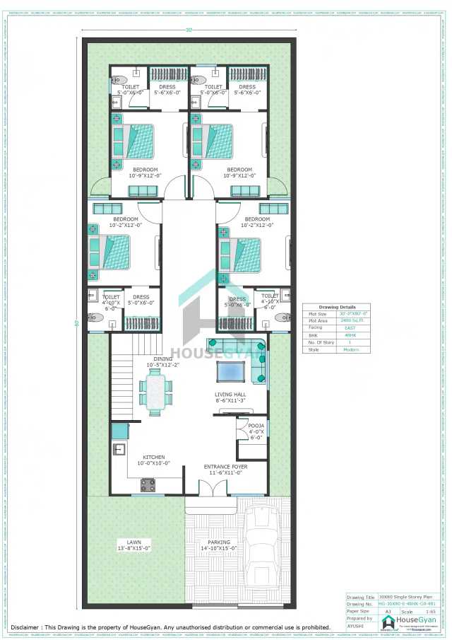 30X80 East Facing 4BHK Ground Floor House Plan | 2400 Sqft Plot Floor Plan 30X80 East Facing 4BHK Ground Floor House Plan