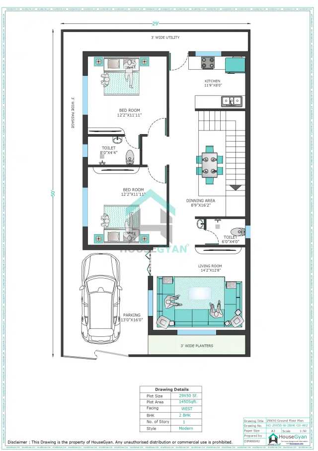 29X50 West Facing 2BHK Ground Floor House Plan | 1450 Sqft Plot Floor Plan 29X50 West Facing 2BHK Ground Floor House Plan