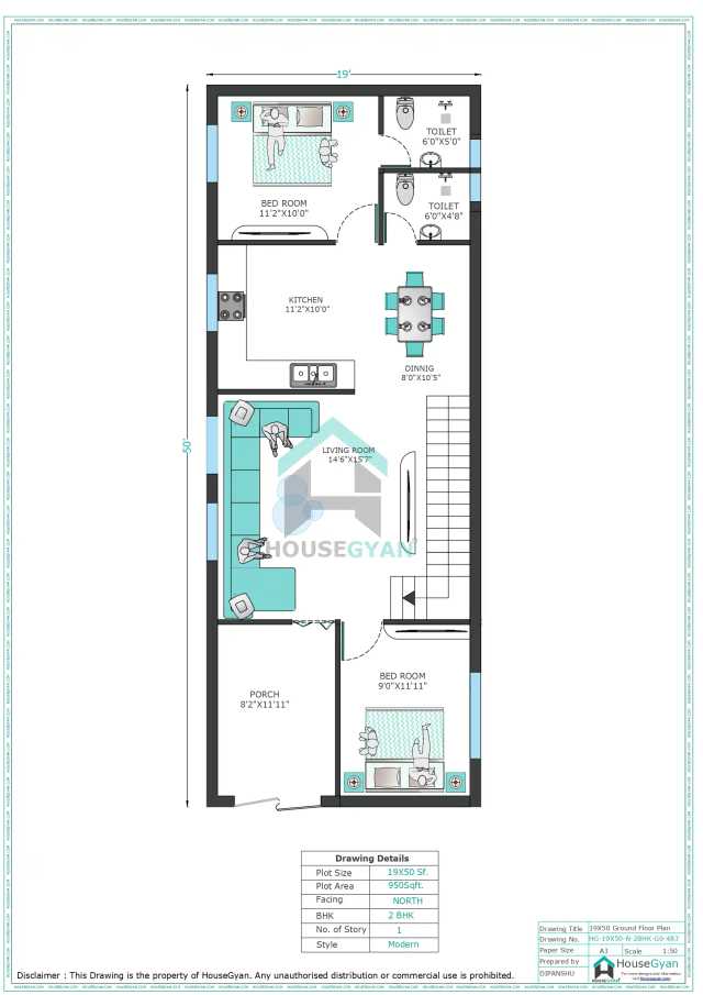19X50 North Facing 2BHK Ground Floor House Plan | 950 Sqft Plot Floor Plan 19X50 North Facing 2BHK Ground Floor House Plan | 950 Sqft Plot Floor Plan