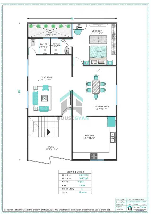 26X40 North Facing 1BHK Ground Floor House Plan | 1040 Sqft Plot Floor Plan 26X40 North Facing 1BHK Ground Floor House Plan | 1040 Sqft Plot Floor Plan
