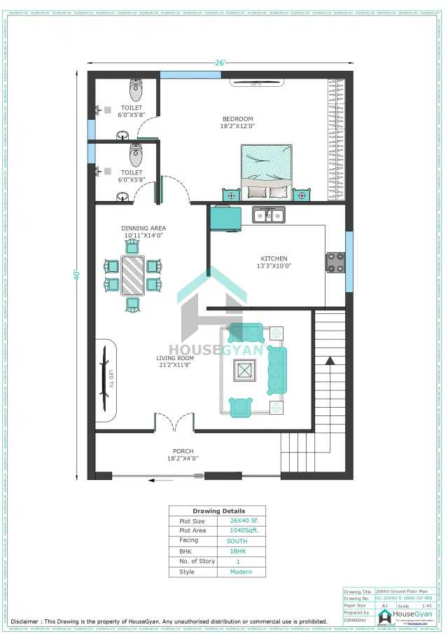 26X40 South Facing 1BHK Ground Floor House Plan | 1040 Sqft Plot Floor Plan 26X40 South Facing 1BHK Ground Floor House Plan | 1040 Sqft Plot Floor Plan