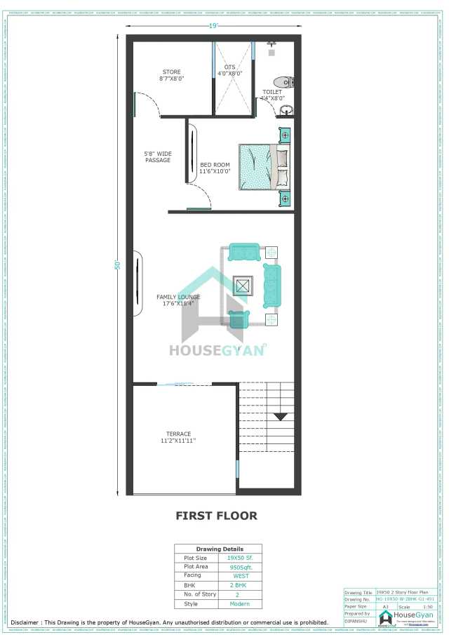 19X50 West Facing 2BHK First Floor House Plan | 950 Sqft Plot Floor Plan 19X50 West Facing 2BHK First Floor House Plan | 950 Sqft Plot Floor Plan