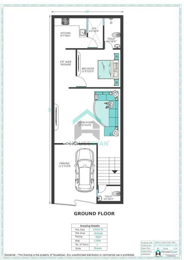 19X50 West Facing 2BHK First Floor House Plan | 950 Sqft Plot Floor Plan 19X50 West Facing 2BHK First Floor House Plan | 950 Sqft Plot Floor Plan