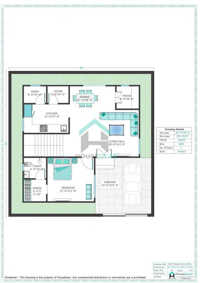 39X39 North Facing 1BHK Ground Floor House Plan | 1521 Sqft Plot Floor Plan 39X39 North Facing 1BHK Ground Floor House Plan | 1521 Sqft Plot Floor Plan