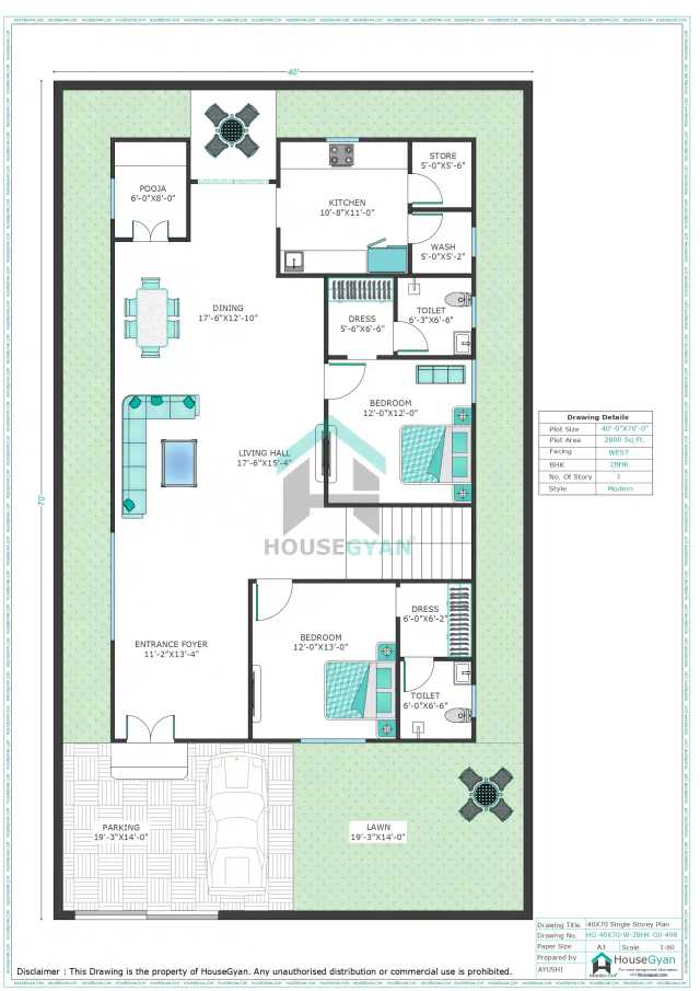 40X70 West Facing 2BHK Ground Floor House Plan | 2800 Sqft Plot Floor Plan 40X70 West Facing 2BHK Ground Floor House Plan