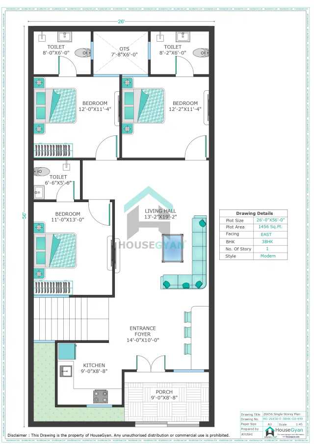 26X56 East Facing 3BHK Ground Floor House Plan | 1456 Sqft Plot Floor Plan 26X56 East Facing 3BHK Ground Floor House Plan