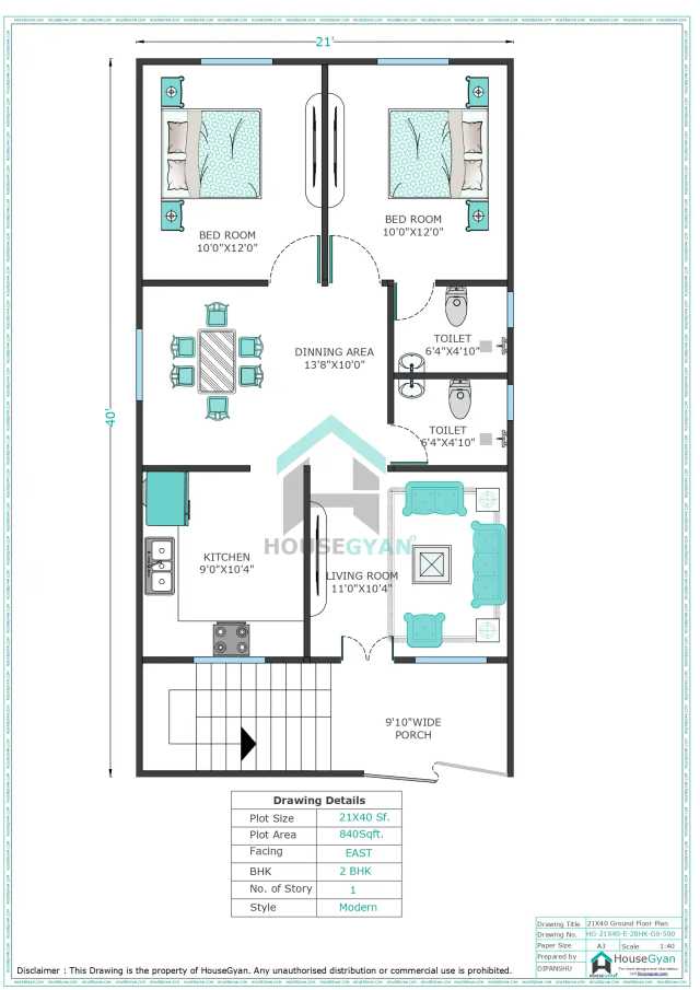 21X40 East Facing 2BHK Ground Floor House Plan | 840 Sqft Plot Floor Plan 21X40 East Facing 2BHK Ground Floor House Plan | 840 Sqft Plot Floor Plan