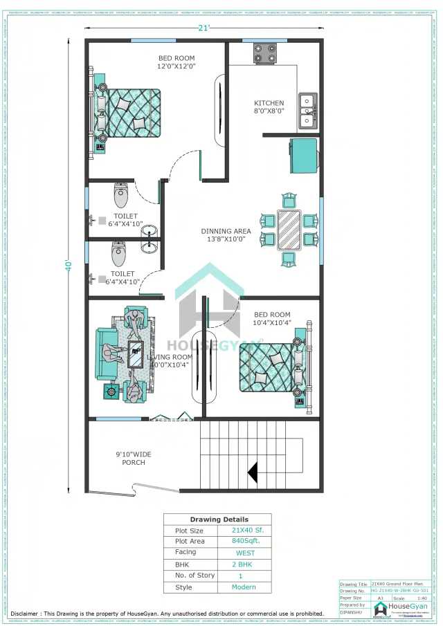 21X40 West Facing 2BHK Ground Floor House Plan | 840 Sqft Plot Floor Plan 21X40 West Facing 2BHK Ground Floor House Plan | 840 Sqft Plot Floor Plan