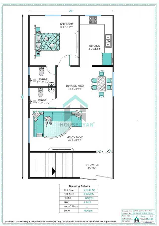 21X40 North Facing 1BHK Ground Floor House Plan | 840 Sqft Plot Floor Plan 21X40 North Facing 1BHK Ground Floor House Plan