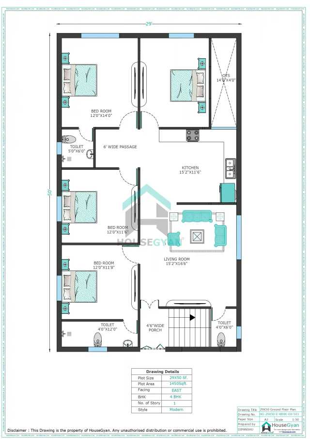 29X50 East Facing 4BHK Ground Floor House Plan | 1450 Sqft Plot Floor Plan 29X50 East Facing 4BHK Ground Floor House Plan | 1450 Sqft Plot Floor Plan