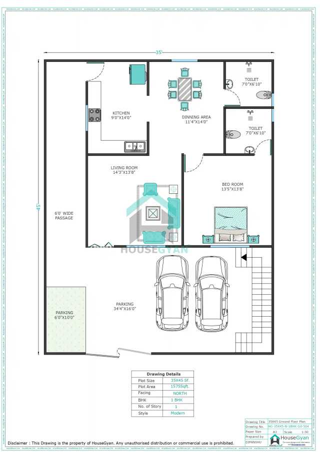 35X45 North Facing 1BHK Ground Floor House Plan | 1575 Sqft Plot Floor Plan 35X45 North Facing 1BHK Ground Floor House Plan