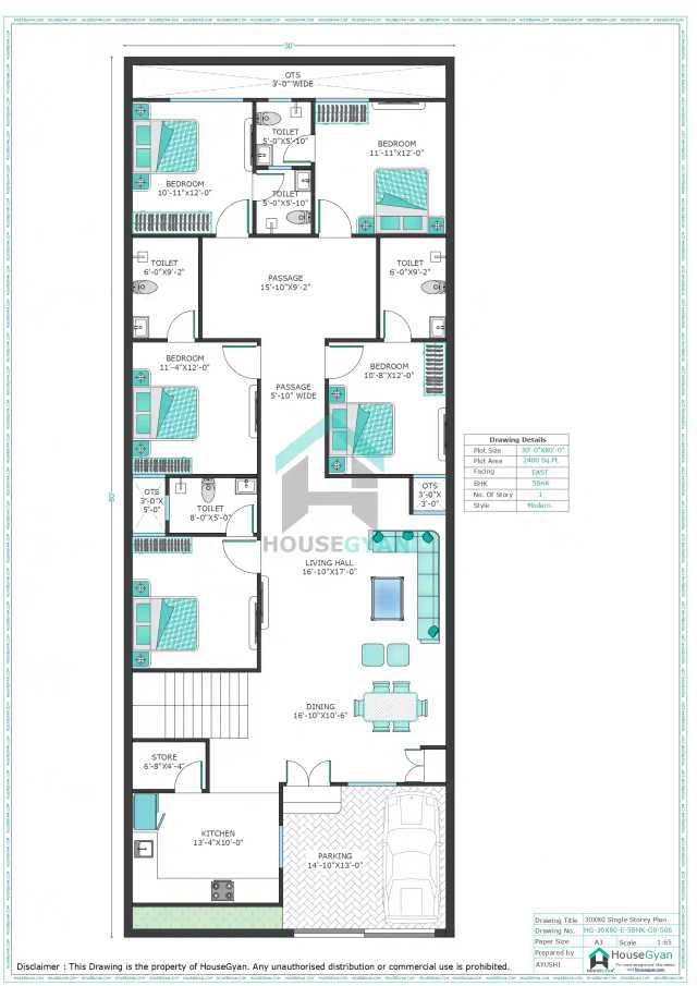 30X80 East Facing 5BHK Ground Floor House Plan | 2400 Sqft Plot Floor Plan 30X80 East Facing 5BHK Ground Floor House Plan