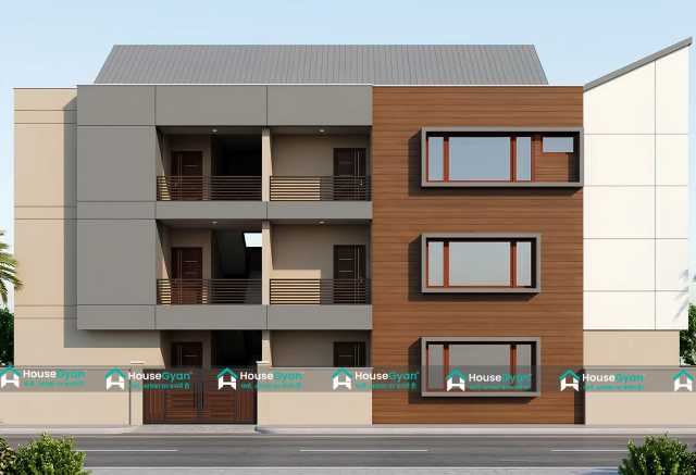 50x35 G+2 Modern Residential Elevation Design with Wood Finish 50x35 G+2 Modern Residential Elevation Design with Wood Finish