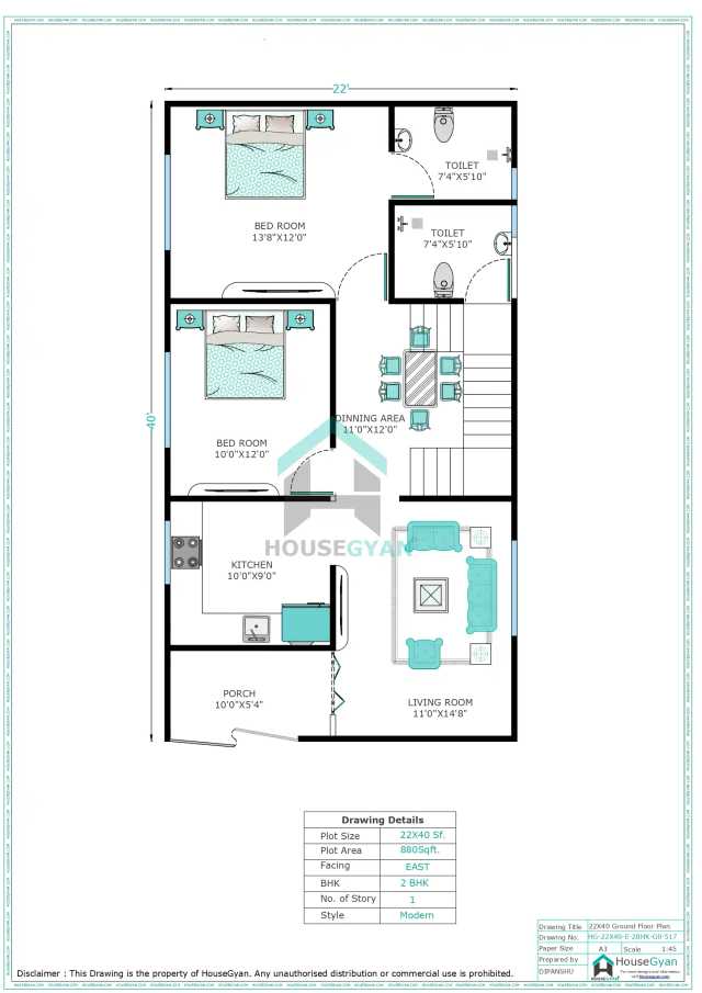 22X40 East Facing 2BHK Ground Floor House Plan | 880 Sqft Plot Floor Plan 22X40 East Facing 2BHK Ground Floor House Plan | 880 Sqft Plot Floor Plan