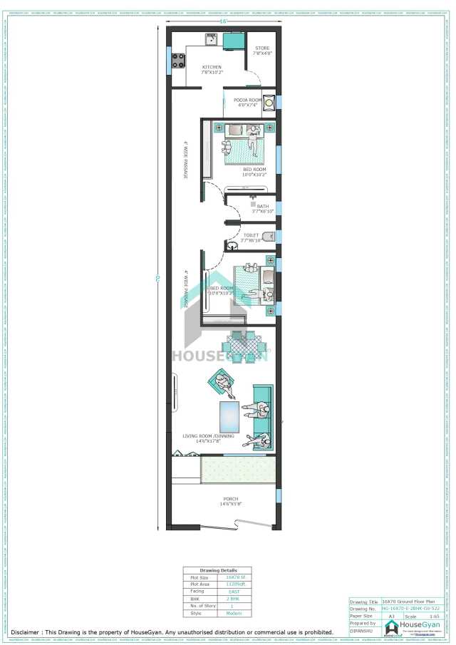 16X70 East Facing 2BHK Ground Floor House Plan | 1120 Sqft Plot Floor Plan 16X70 East Facing 2BHK Ground Floor House Plan | 1120 Sqft Plot Floor Plan
