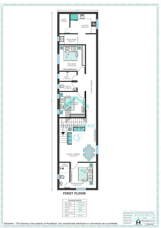 16X70 East Facing 4BHK First Floor House Plan | 1120 Sqft Plot Floor Plan 16X70 East Facing 4BHK First Floor House Plan | 1120 Sqft Plot Floor Plan