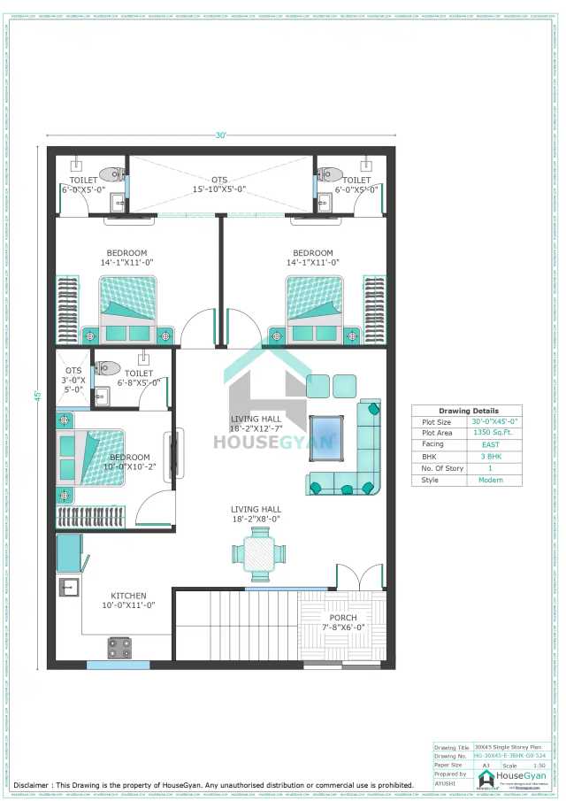 30X45 East Facing 3BHK Ground Floor House Plan | 1350 Sqft Plot Floor Plan 30X45 East Facing 3BHK Ground Floor House Plan